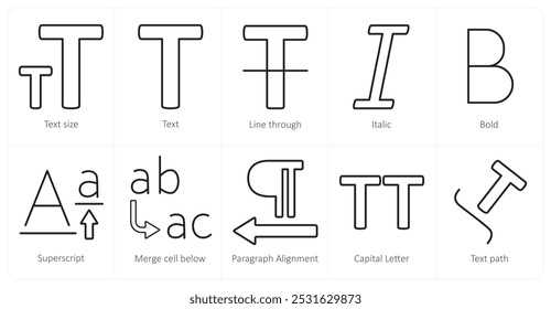 A set of 10 editing tools icons as text size, text, line through, italic