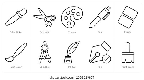 Um conjunto de 10 ícones de ferramentas de edição como seletor de cores, tesoura, tema