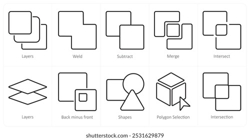 Um conjunto de 10 ícones de ferramentas de edição como camadas, solda, subtração