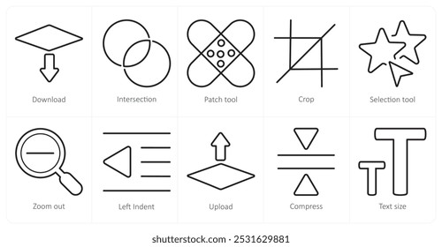 Um conjunto de 10 ícones de ferramentas de edição como download, interseção, ferramenta de patch