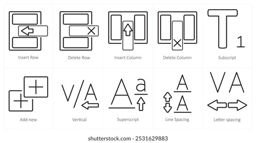Um conjunto de 10 ícones de ferramentas de edição como inserir linha, excluir linha, inserir coluna
