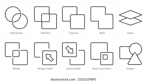 Um conjunto de 10 ícones de ferramentas de edição como interseção, interseção, subtração