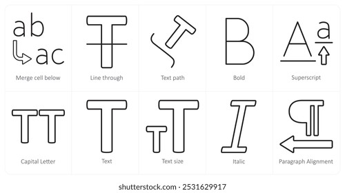 Um conjunto de 10 ícones de ferramentas de edição como mesclar célula abaixo, passagem de linha, caminho de imposto