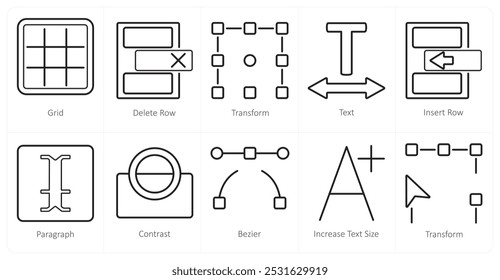 A set of 10 editing tools icons as grid, delete row, transform