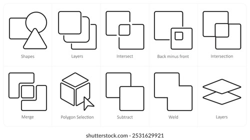 Um conjunto de 10 ícones de ferramentas de edição como formas, camadas, interseção