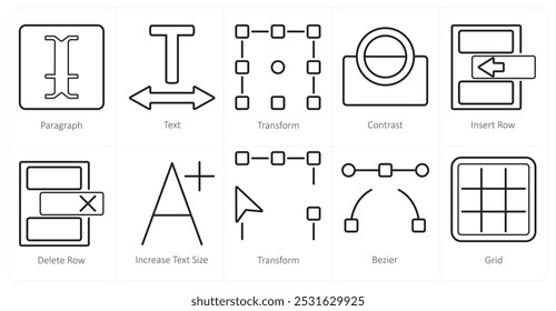 A set of 10 editing tools icons as paragraph, text, transform