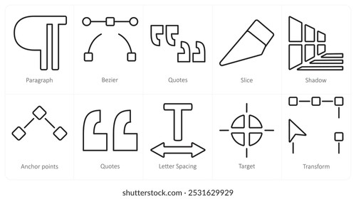 A set of 10 editing tools icons as paragraph, bezier, quotes