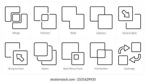 Um conjunto de 10 ícones de ferramentas de edição como mesclar, fazer interseção, soldar