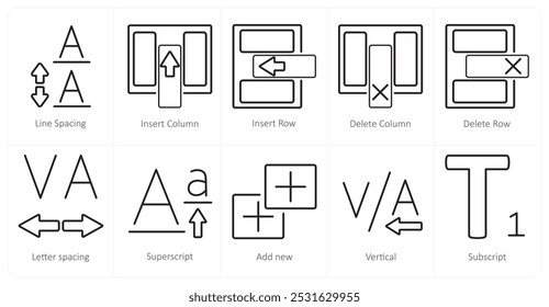 Um conjunto de 10 ícones de ferramentas de edição como espaçamento entre linhas, inserir coluna, inserir linha