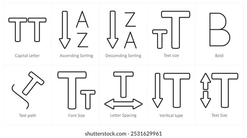 Um conjunto de 10 ícones de ferramentas de edição em maiúsculas, em ordem crescente, decrescente
