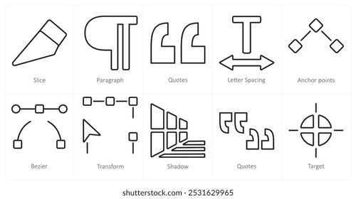 Un conjunto de 10 iconos de herramientas de edición como rebanada, párrafo, citas