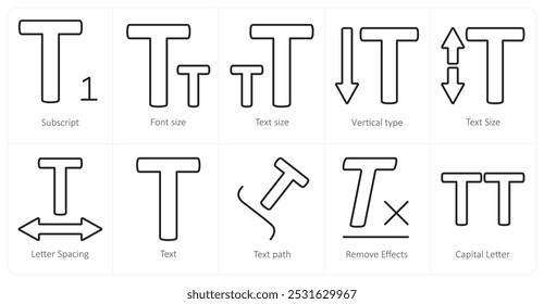 Um conjunto de 10 ícones de ferramentas de edição como subscrito, tamanho da fonte, tamanho do texto