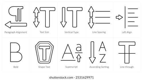 A set of 10 editing tools icons as paragraph alignment, text size, vertical type