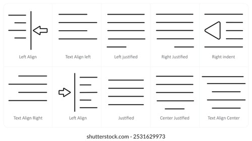 Um conjunto de 10 ícones de ferramentas de edição alinhados à esquerda, alinhados à esquerda e justificados à esquerda
