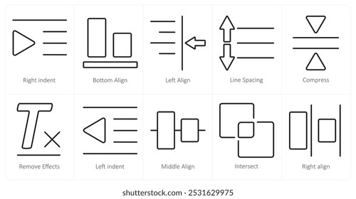 Um conjunto de 10 ícones de ferramentas de edição como recuo à direita, alinhamento inferior, alinhamento à esquerda
