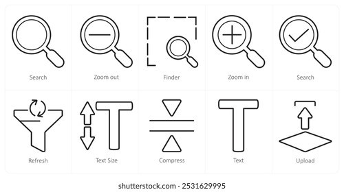 A set of 10 editing tools icons as search, zoom out, finder