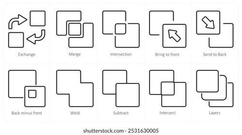 Um conjunto de 10 ícones de ferramentas de edição como troca, mesclagem, interseção