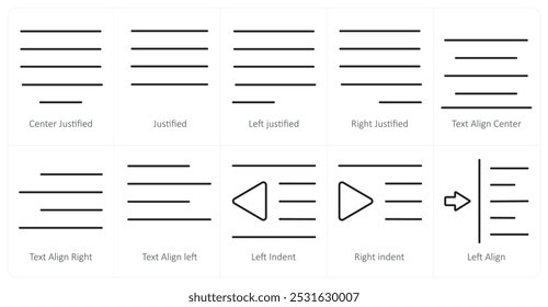 Um conjunto de 10 ícones de ferramentas de edição como justificado no centro, justificado, justificado à esquerda