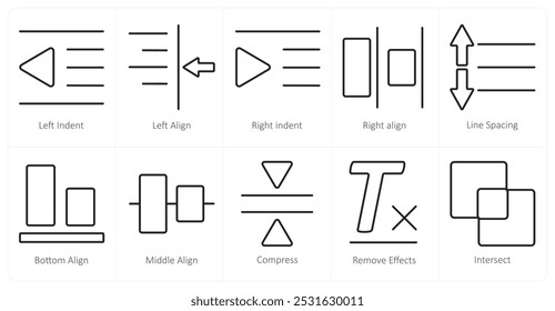 Un conjunto de 10 iconos de herramientas de edición como sangría izquierda, alineación izquierda, sangría derecha