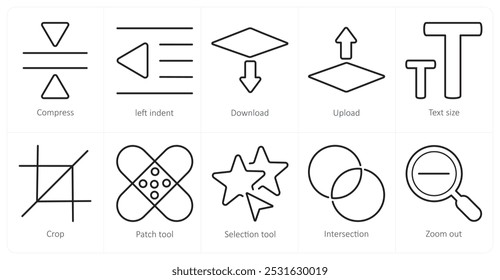 Um conjunto de 10 ícones de ferramentas de edição como compress, left indent, download