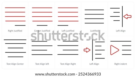 A set of 10 editing tools icons as right justified, center justified, left justified