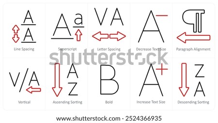 A set of 10 editing tools icons as line spacing, superscript, letter spacing