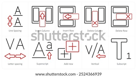 A set of 10 editing tools icons as line spacing, insert coloumn, insert row