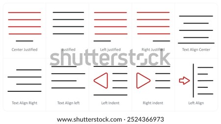 A set of 10 editing tools icons as center justified, justified, left justified