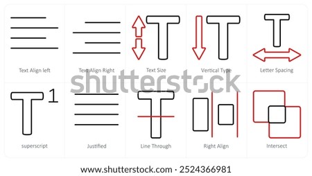 A set of 10 editing tools icons as text align left, text align right, text size