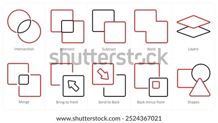 A set of 10 editing tools icons as intersection, intersect, subtract