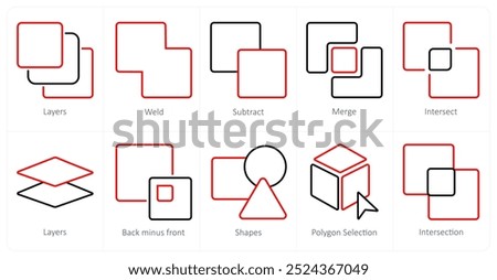 A set of 10 editing tools icons as layers, weld, subtract