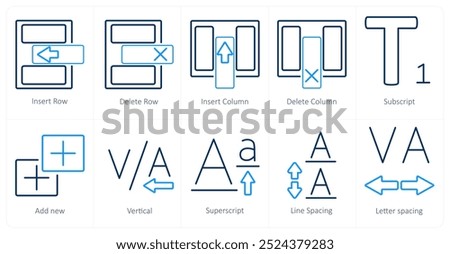 A set of 10 editing tools icons as insert row, delete row, insert coloumn