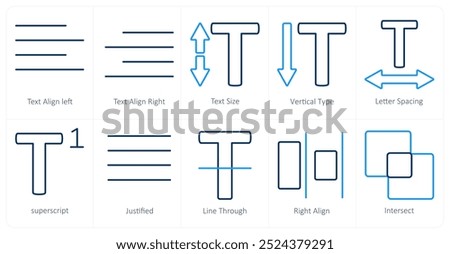 A set of 10 editing tools icons as text align left, text align right, text size