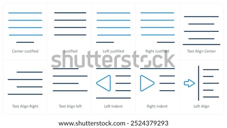 A set of 10 editing tools icons as center justified, justified, left justified