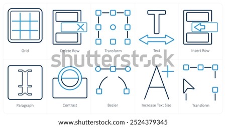 A set of 10 editing tools icons as grid, delete row, transform