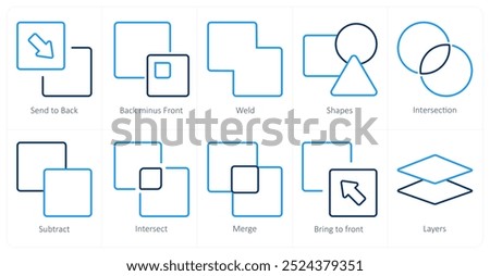 A set of 10 editing tools icons as send to back, back minus front, weld