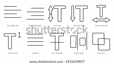 A set of 10 editing tools icons as text align left, text align right, text size