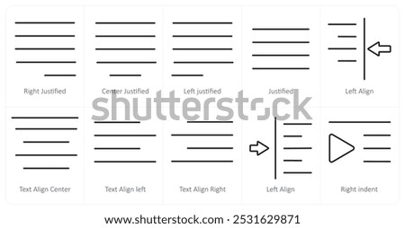 A set of 10 editing tools icons as right justified, center justified, left justified