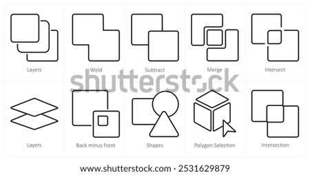 A set of 10 editing tools icons as layers, weld, subtract