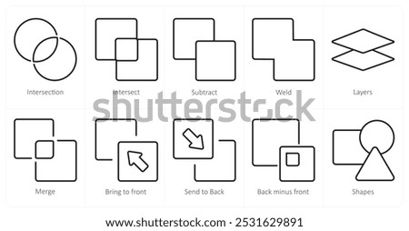 A set of 10 editing tools icons as intersection, intersect, subtract