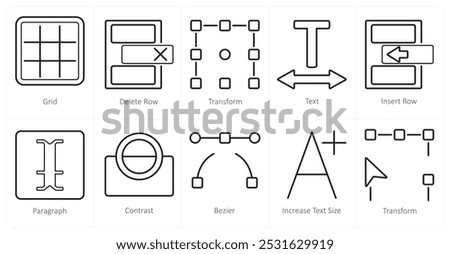 A set of 10 editing tools icons as grid, delete row, transform