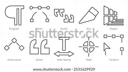 A set of 10 editing tools icons as paragraph, bezier, quotes