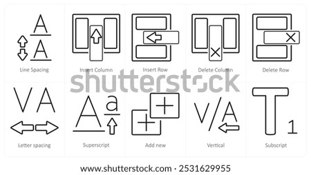 A set of 10 editing tools icons as line spacing, insert coloumn, insert row