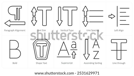 A set of 10 editing tools icons as paragraph alignment, text size, vertical type