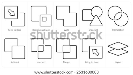 A set of 10 editing tools icons as send to back, back minus front, weld