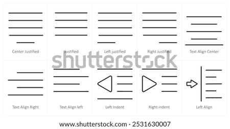 A set of 10 editing tools icons as center justified, justified, left justified