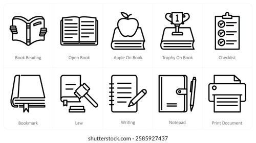 A set of 10 education icons as book reading, open book, apple on book