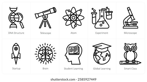 A set of 10 education icons as dna structure, telescope, atom