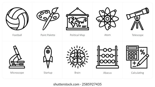 A set of 10 education icons as football, paint palette, atom