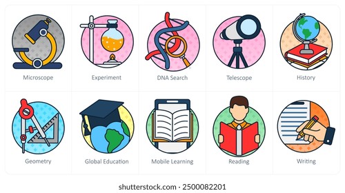 A set of 10 education icons as miscroscope, experiment, dna search